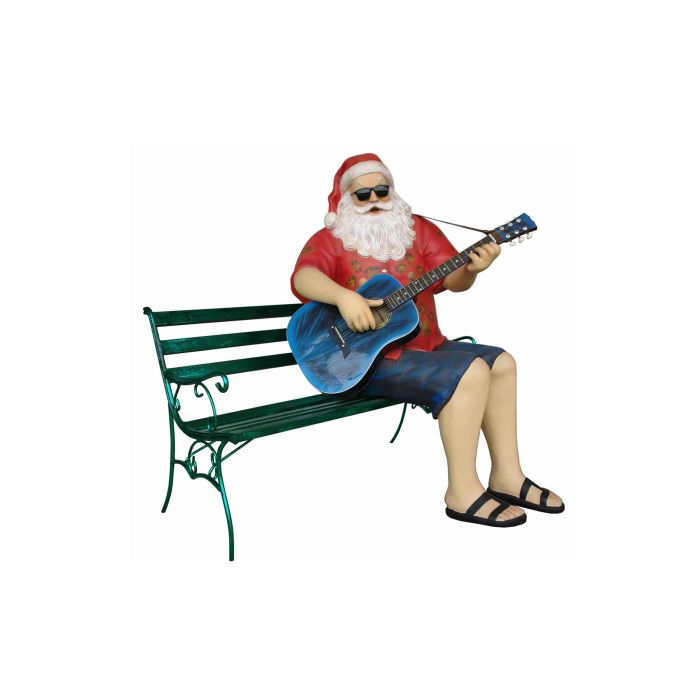 sitzender Weihnachtsmann in Urlaubsstimmung spielt auf Gitarre lebensgroß Deko- & Werbefigur