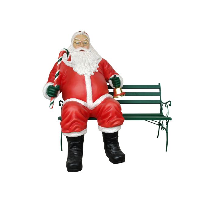 sitzender dicker Weihnachtsmann auf Bank mit Glocke und Zuckerstange lebensgroß Deko- & Werbefigur