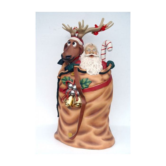 Weihnachtsmann im Sack mit Rentier lebensgroß Deko- & Werbefigur