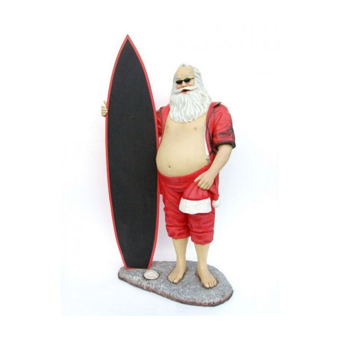 Weihnachtsmann als Surfer mit Angebotstafel lebensgroß Deko- & Werbefigur