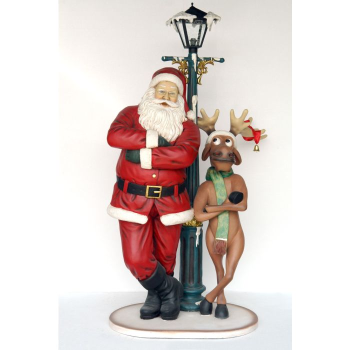 Weihnachtsmann an Laterne mit lustigem Rentier lebensgroß Deko- & Werbefigur