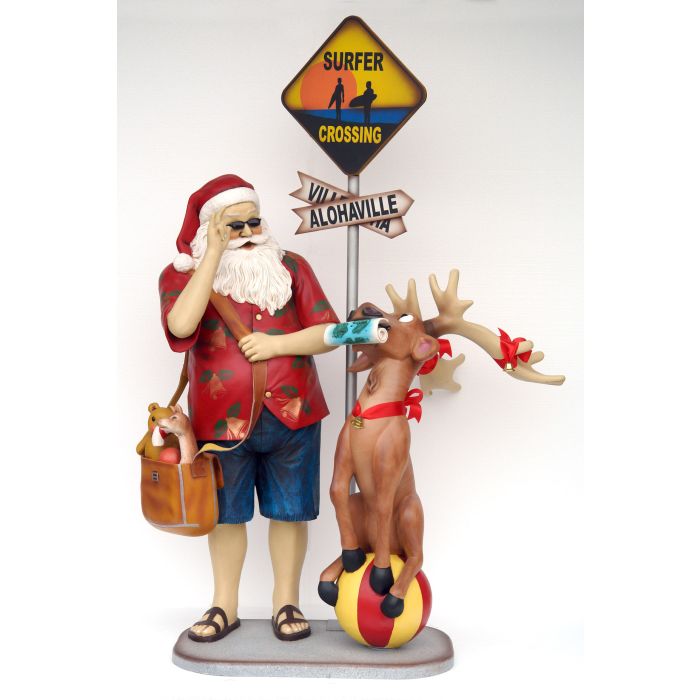 Weihnachtsmann in Sommeroutfit reist mit Rentier verkleinert Dekorationsfigur