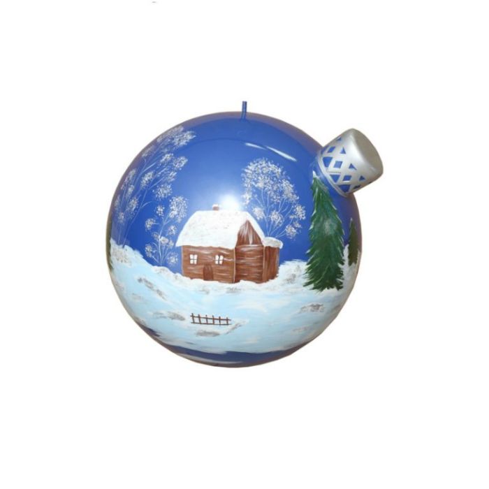 Blau glänzende Weihnachtskugel mit Wintermotiv vergrößert Dekorationsfigur