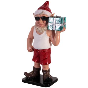 sonniger Weihnachtsgehilfe Elf mit Geschenk klein lebensgroß