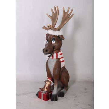 lustiges Rentier mit Geschenk lebensgroß